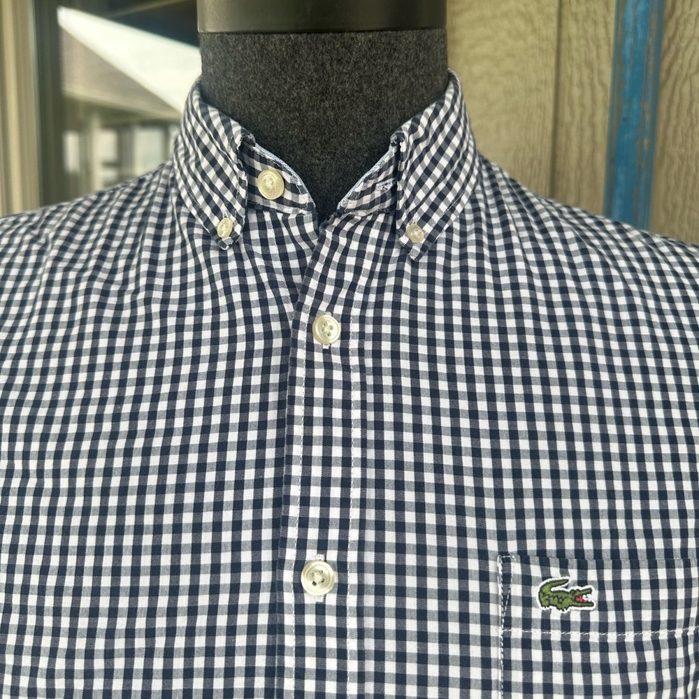 LACOSTE 🐊 Men’s Navy & White Gingham All Cotton Button Down Shirt - Size MED - Picture 4 of 15